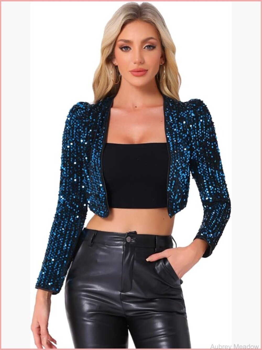 Sequin Crop Blazer Jacket Open Front Collarless Sparkly Party Shrug